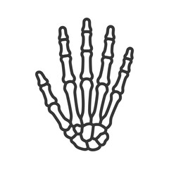 Naklejka premium Skeleton hand vector icon, human bone anatomy illustration, minimalist black line art of skeletal hand, medical and spooky graphic isolated on White Background Single Editable icon