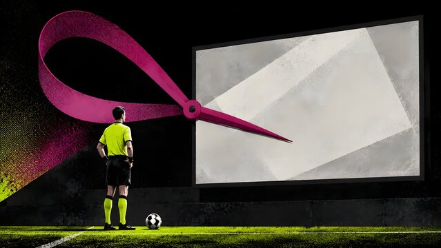 sports football referee beside giant scissors cutting a video review signal illustration

