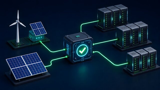 Smart grid renewable energy microgrid distributing solar wind power green data center server infrastructure
