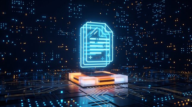 Stack of glowing neon blue document icons on circuit board platform symbolizing digital file management and automated information processing in modern software technology 3D render