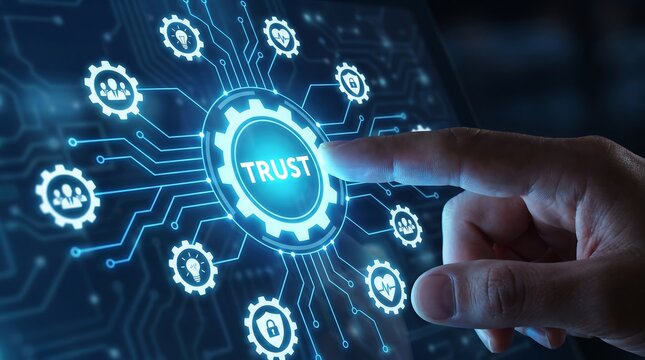 Business person touching digital screen interface with glowing trust icon and connected security gear symbols representing cybersecurity integrity and online safety in corporate network environment