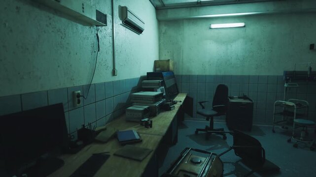 Evidence processing desk under cold lights with forms and envelopes, old printer stacked with labels, tiled walls with aged stains, sterile yet neglected