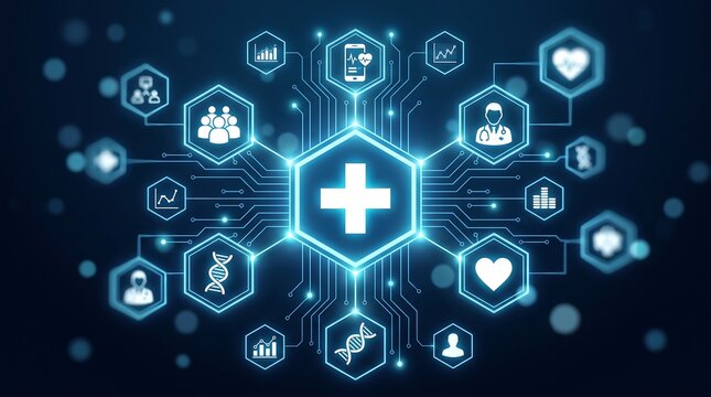 Digital health network with medical icons and connected data nodes in futuristic blue holographic interface for healthcare technology management and patient information system data analytics