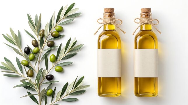 Two glass bottles of organic extra virgin olive oil with rustic twine tied around the cork stoppers next to a fresh green olive branch on a clean white background for culinary branding