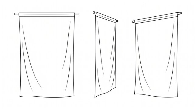 Set of blank vertical fabric banner mockups in line art style, hanging pennant templates for branding and advertising.