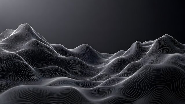 Abstract black topographic landscape, dark 3D wavy terrain texture, elegant charcoal gray mountain peaks for tech background