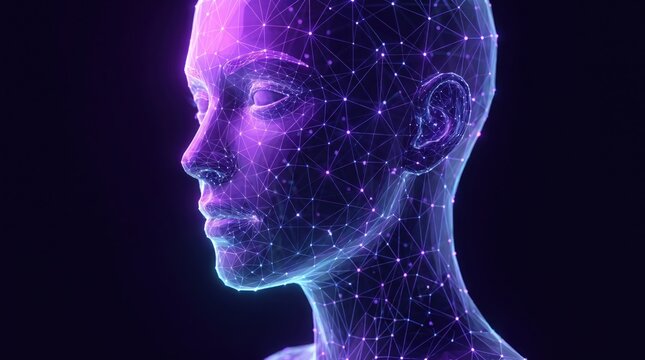 Digital human face constructed from glowing polygonal mesh on dark background