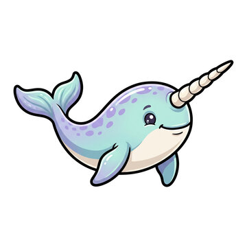 Whimsical Narwhal Illustration: A charming, cartoon-style narwhal with a distinctive spiral tusk, pastel blue and purple coloring, and a friendly smile swims in an aquatic fantasy setting.