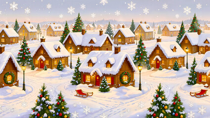 Naklejka premium Cozy Winter Village with Snow-Covered Houses and Trees Illustration