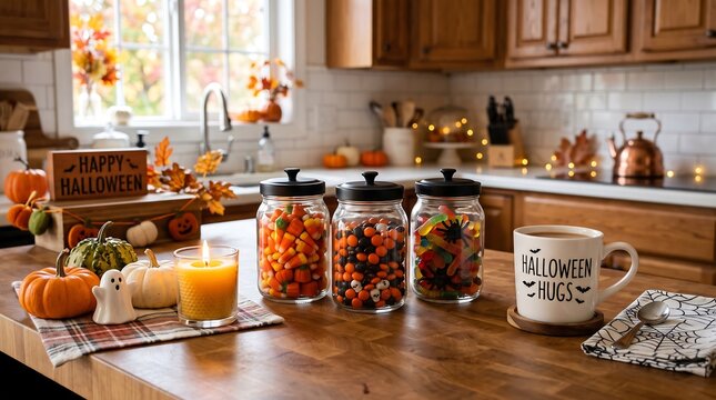 Cozy Halloween kitchen decor with candy jars and pumpkins. Autumn home interior with festive decorations. Warm seasonal kitchen scene.