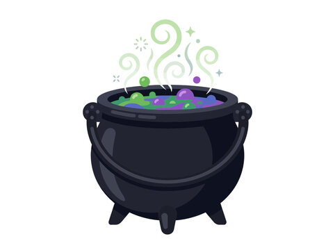 Witch cauldron filled with bubbling green magic potion stands on a white background.