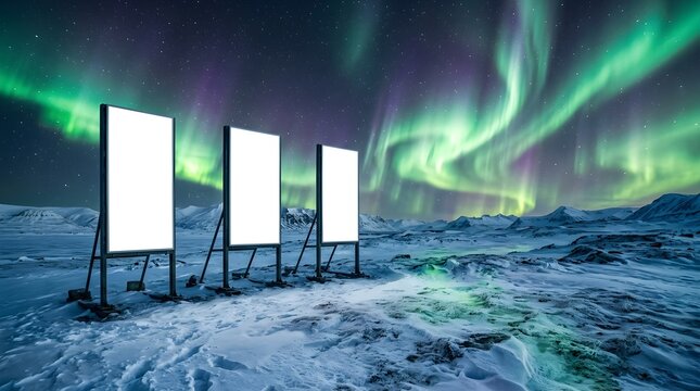 Three blank vertical billboards standing on a snowy arctic landscape under a vibrant green aurora borealis night sky in winter