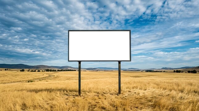 A large blank white billboard standing in the middle of a dry golden field under a bright blue cloudy sky