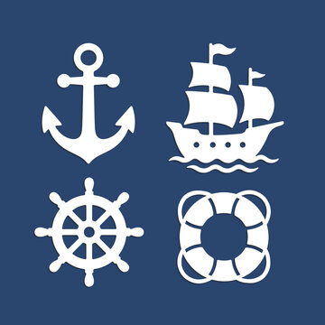 Paper cutting set with anchor, sailing ship, ship wheel and lifebuoy. Simple flat silhouette vector art in paper cut craft style.