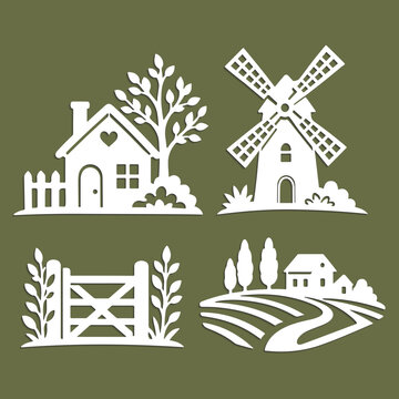 Paper cutting set with village house, windmill and countryside views. Simple flat silhouette vector art in paper cut craft style.