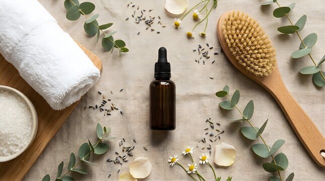 Natural skincare products featuring a dark glass bottle with dropper alongside a beautiful wooden massage tool resting on soft linen fabric