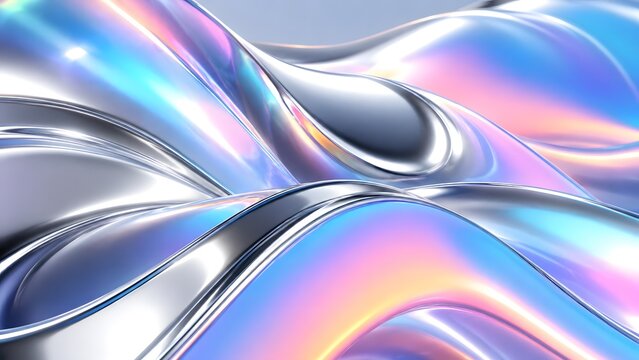 Holographic liquid metal waves, iridescent chrome abstract background, futuristic fluid silver texture with rainbow reflections