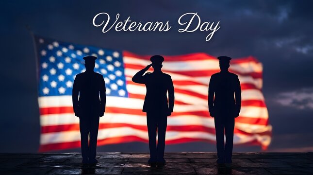 Silhouetted soldiers respectfully salute the stars and stripes on a dramatic cloudy day honoring veterans and their service