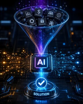 Artificial intelligence problem solving funnel transforming complex business challenges into digital solutions through processor technology