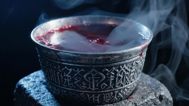 Mysterious glowing bowl with magical potion for Halloween occult rituals and dark fantasy potion brewing scenes