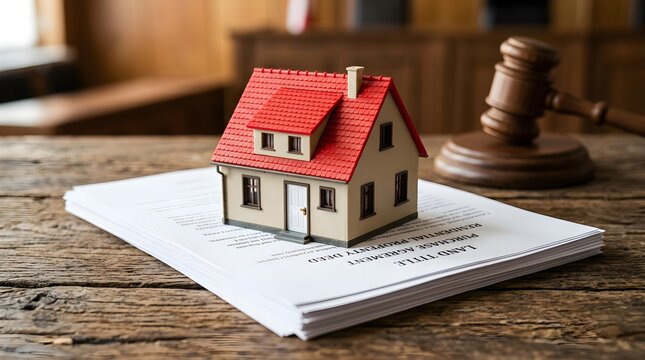 A tiny house model sits on top of official paperwork with a wooden gavel close by symbolizing property law and real estate