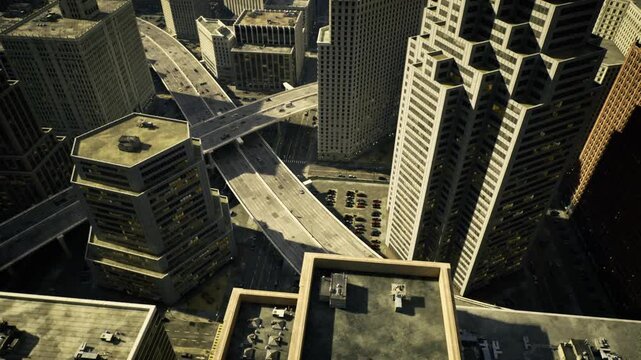 Rooftop texture study in chicago showing vents and mechanical equipment, diagonal streets slicing through towers, gravel surfaces and shadow pools, industrial