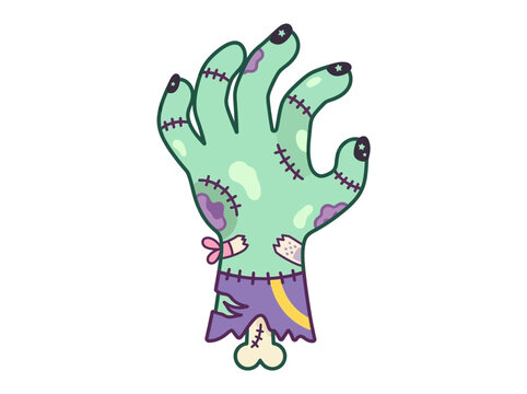 Halloween Cute cartoon zombie hand illustration with stitches and bandages. Green spooky vector graphic element for Halloween design. isolated PNG with Transparent Background