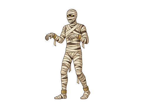 Halloween Halloween mummy cartoon character. Spooky bandaged figure with glowing eyes. Vintage horror style illustration. Embalmment wraps design isolated PNG with Transparent Background