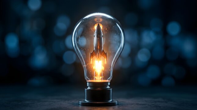 A beautifully illuminated vintage edison style light bulb glows with a warm inviting light against a softly blurred abstract backdrop of cool