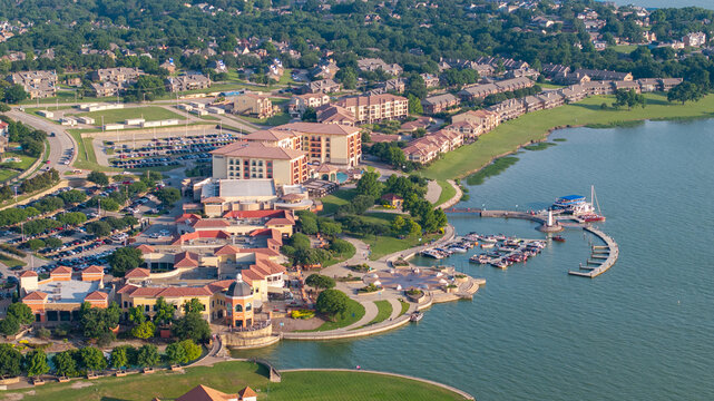Aerial view of The Harbor shopping and entertainment district in Rockwall, Texas on lake side landscape of Lake Ray Hubbard in the suburbs of Dallas Metroplex