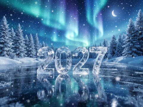 Ice numerals spelling 2027 reflect in frozen water under aurora borealis