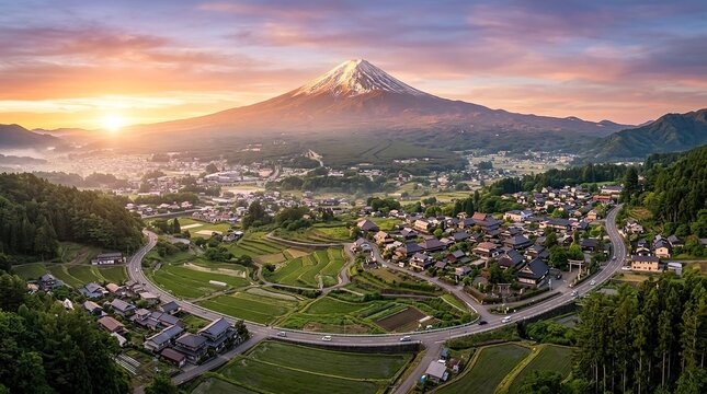 Majestic mountain peak overlooks valley town at sunrise