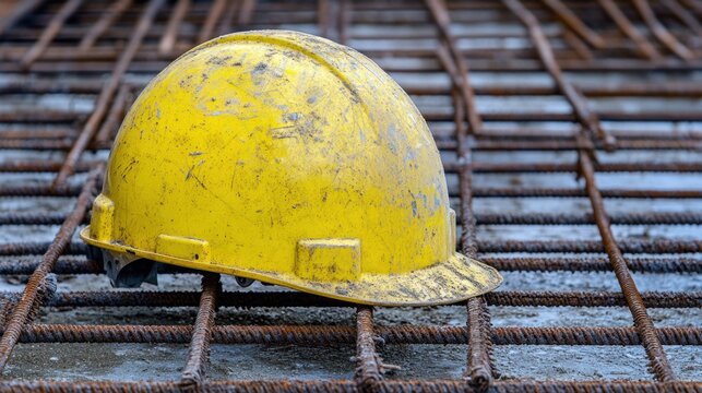 Yellow hard hat on metal grate