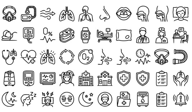 Sleep Apnea and Respiratory Health Outline Icons with CPAP Breathing Lungs and Healthcare Symbols