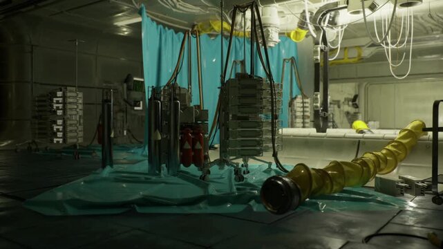 Stacked rack modules under teal tarp with hanging cables, chain slings and dim workshop lighting metallic textures and inventory tags visible, salvage