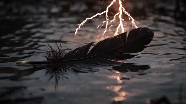 A dark feather floats upon rippling water illuminated by a jagged flash of lightning in this eerie atmospheric halloween fantasy visual scene