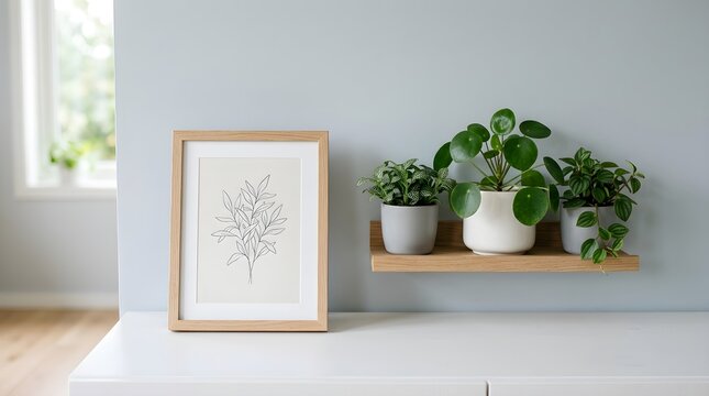 Minimalist interior design featuring framed botanical illustration and lush potted plants on a light wood shelf against a pale blue wall