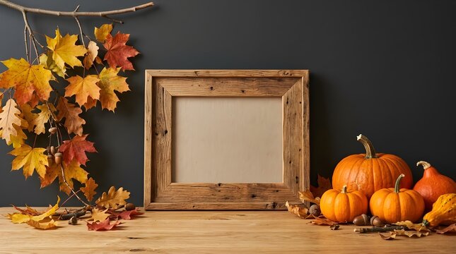 A beautiful autumn display featuring a weathered wooden frame encircled by vibrant fallen leaves and an assortment of pumpkins nearby