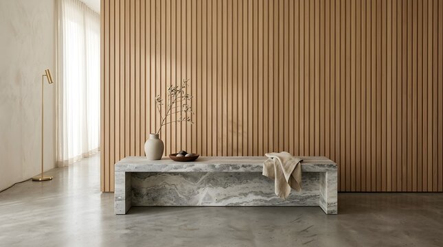 A serene minimalist interior showcases a lengthy stone console table positioned before a textured wooden slat wall illuminated by gentle soft lighting