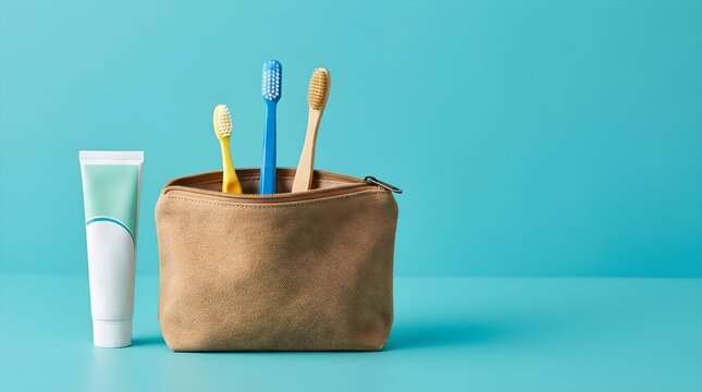A simple minimalist bathroom arrangement shows several colorful toothbrushes standing upright in a natural woven basket with a tube of toothpaste nearby