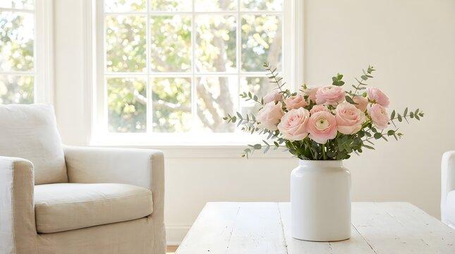 A beautifully styled elegant room interior includes a bright window a cozy comfortable chair and a stunning bouquet of delicate pink roses
