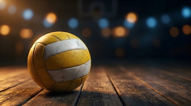 A vibrant and colorful volleyball is peacefully positioned on a rustic aged wooden table with a soft focus background of glowing festive
