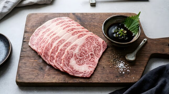 A beautiful prime cut of uncooked beef short ribs is presented with vibrant chimichurri sauce on a textured rustic wooden serving board