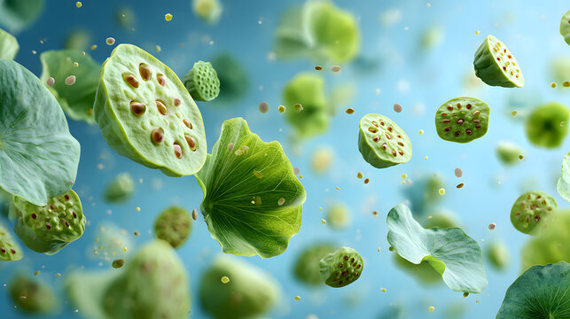 Fresh lotus root slices floating in the air on a blue background