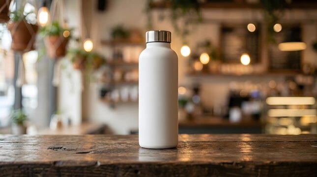 A fashionable reusable water bottle rests on a wooden table inside a bright and inviting cozy cafe with a softly blurred background
