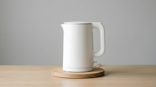 A simple white electric kettle rests on a light colored wood surface with a soft neutral gray backdrop providing a minimalist design
