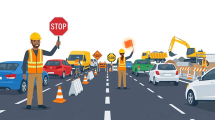 Naklejka premium Construction workers directing traffic on busy road with vehicles