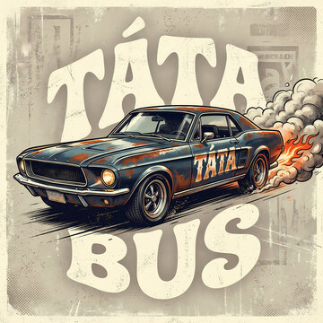 A vintage car with T&Aacute;T&Aacute; on its side emits flames and smoke, with the words T&Aacute;T&Aacute; BUS in bold letters behind it.