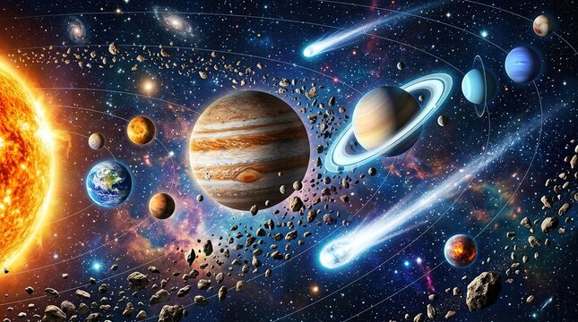 Solar system with planets sun and asteroids in outer space
