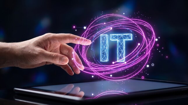 Human hand interacting with glowing neon IT acronym logo on digital tablet screen representing information technology and modern software infrastructure digital network computing concept design